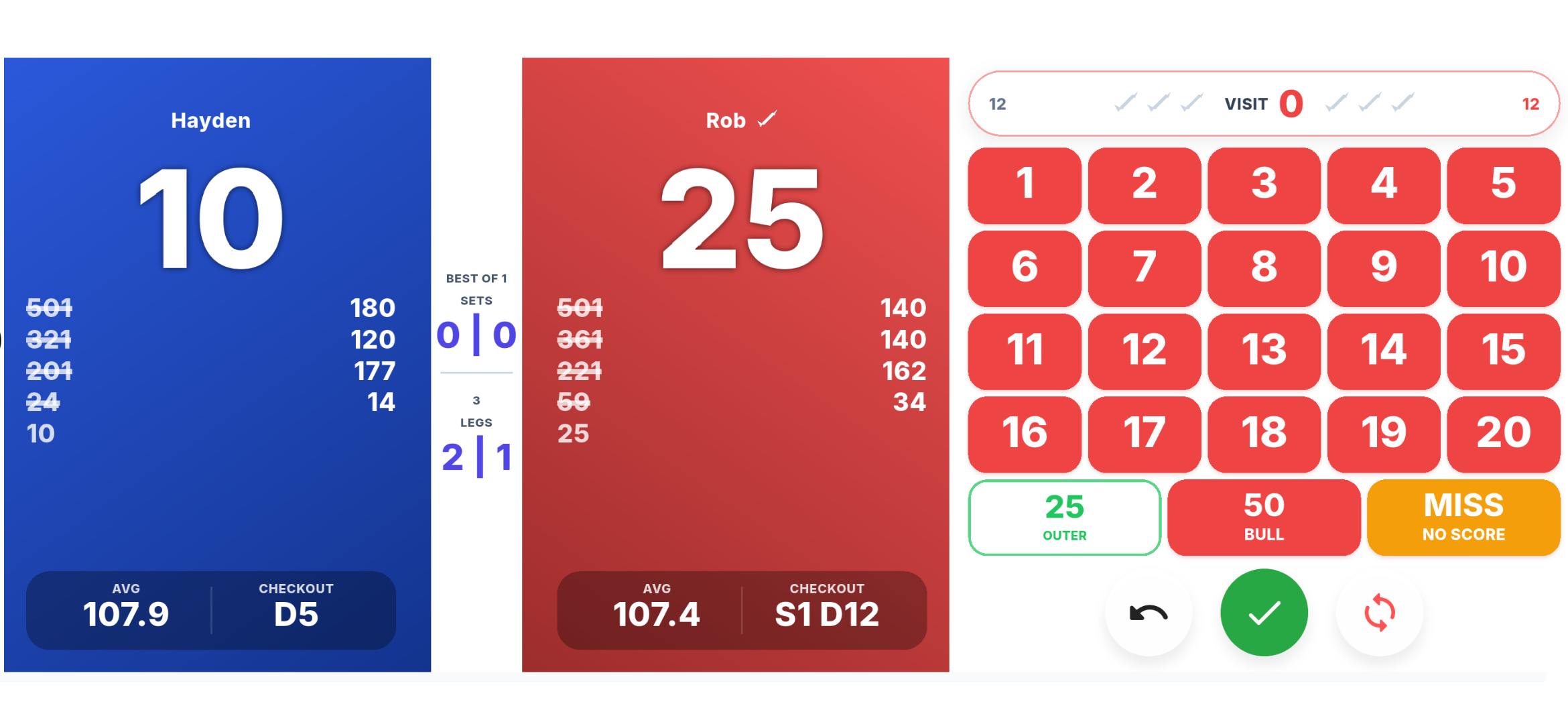 ScorePal darts scoring in phone landscape, with player scores beside the scoring keypad.