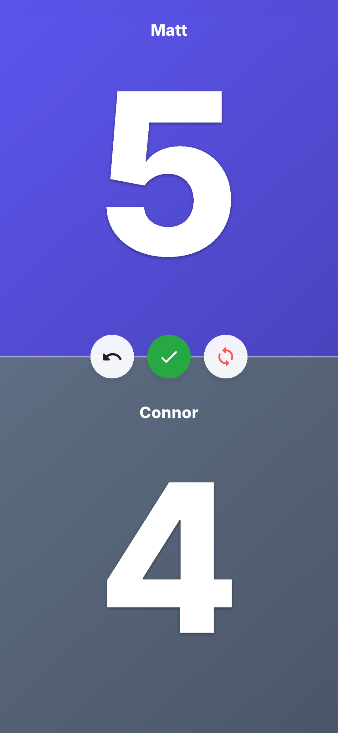 ScorePal live scoreboard with Matt leading Connor 5–4 and controls to undo, finish or reset the match.